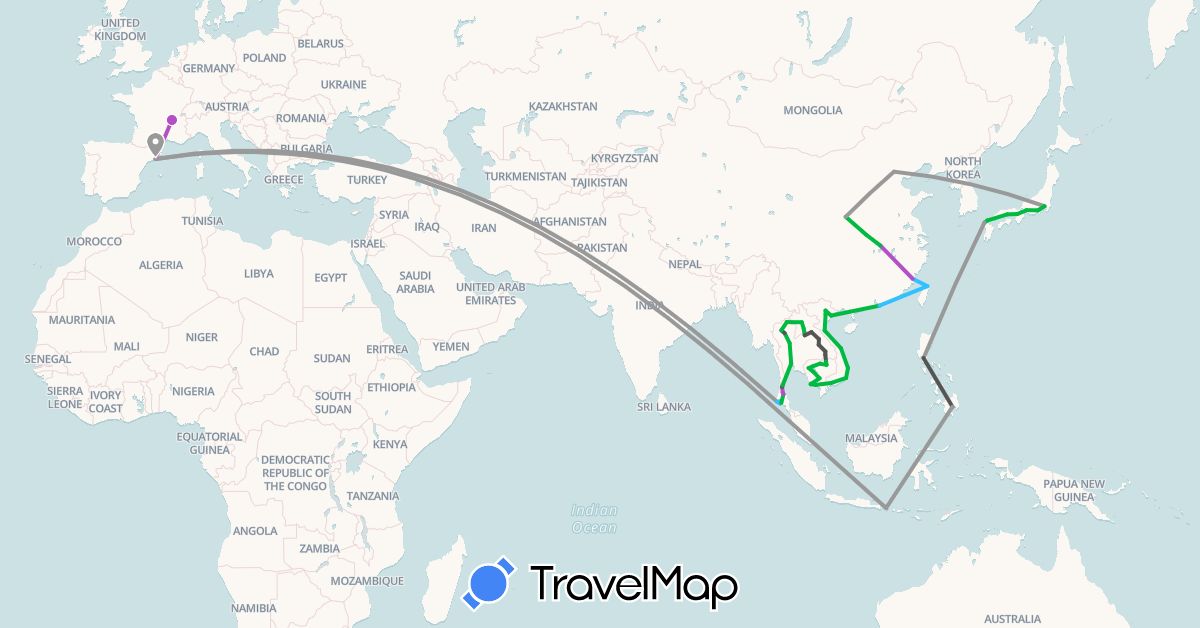 TravelMap itinerary: driving, bus, plane, train, boat, motorbike in China, Spain, France, Hong Kong, Indonesia, Japan, Cambodia, Laos, Philippines, Thailand, Taiwan, Vietnam (Asia, Europe)