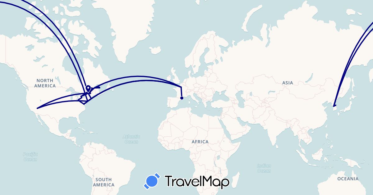 TravelMap itinerary: driving in Canada, France, South Korea, United States (Asia, Europe, North America)